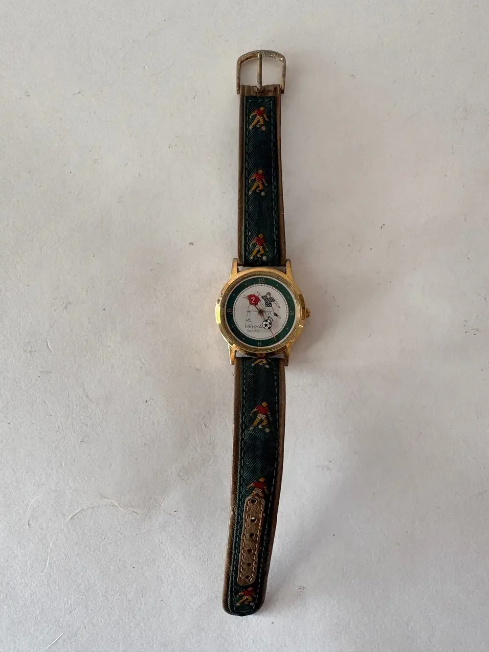 Vintage Meera Quartz Soccer Watch Green Embroidered Football Strap needs battery